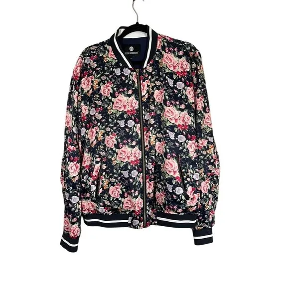 Beau Hudson Jacket Women XL Blue Floral Bomber Preppy Retro Stripe Feminine Cute