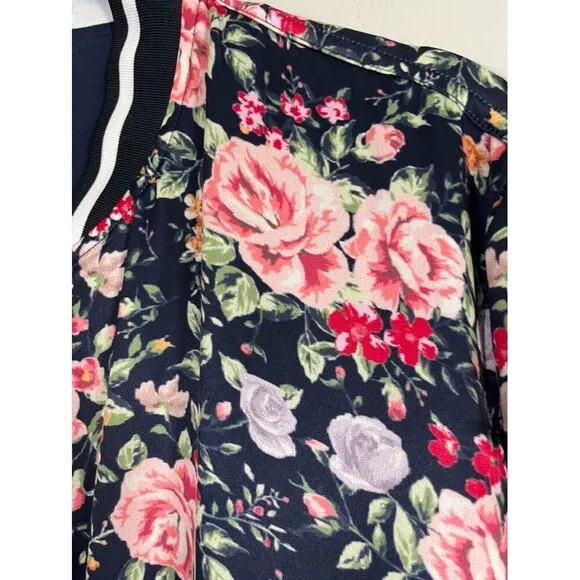 Beau Hudson Jacket Women XL Blue Floral Bomber Preppy Retro Stripe Feminine Cute