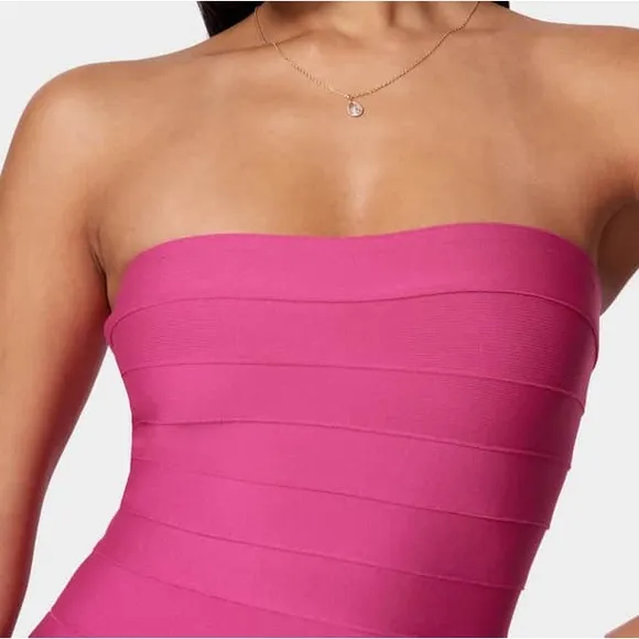 Bebe fuchsia pink bandage flare hem bodycon maxi formal evening cocktail gown