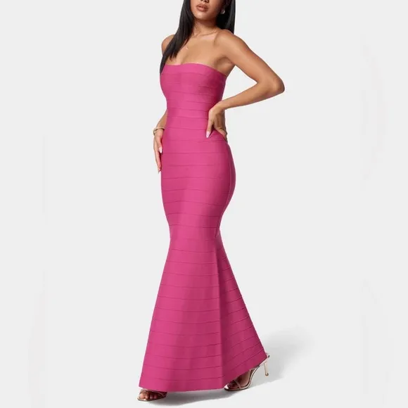 Bebe fuchsia pink bandage flare hem bodycon maxi formal evening cocktail gown
