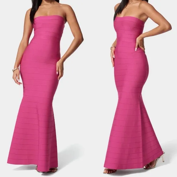 Bebe fuchsia pink bandage flare hem bodycon maxi formal evening cocktail gown