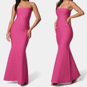 Bebe fuchsia pink bandage flare hem bodycon maxi formal evening cocktail gown