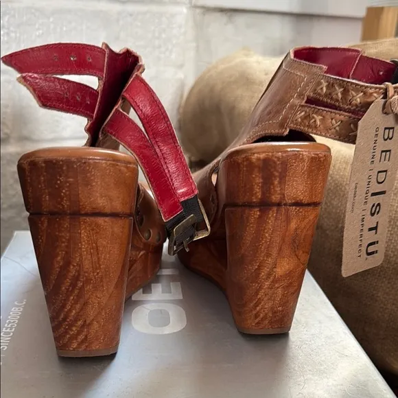 BED|STU Tan Leather Mules with Wooden Platform