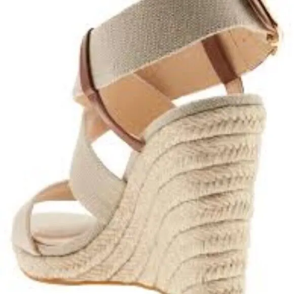 Beige Espadrille Wedge Sandals with Adjustable Ankle Strap