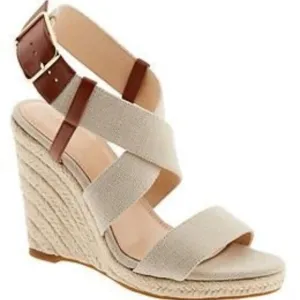 Beige Espadrille Wedge Sandals with Adjustable Ankle Strap