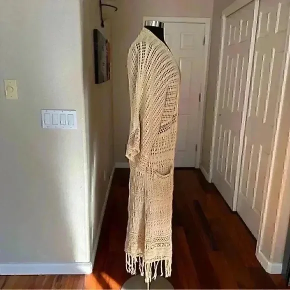 Beige Sundance Tassels Crochet Beach Boho Open Front Long Line Cardigan Sweater