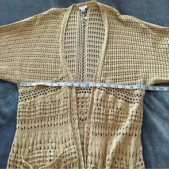 Beige Sundance Tassels Crochet Beach Boho Open Front Long Line Cardigan Sweater