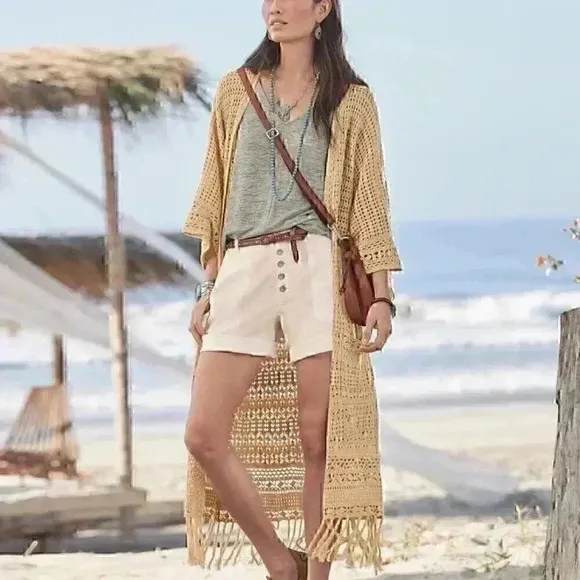 Beige Sundance Tassels Crochet Beach Boho Open Front Long Line Cardigan Sweater