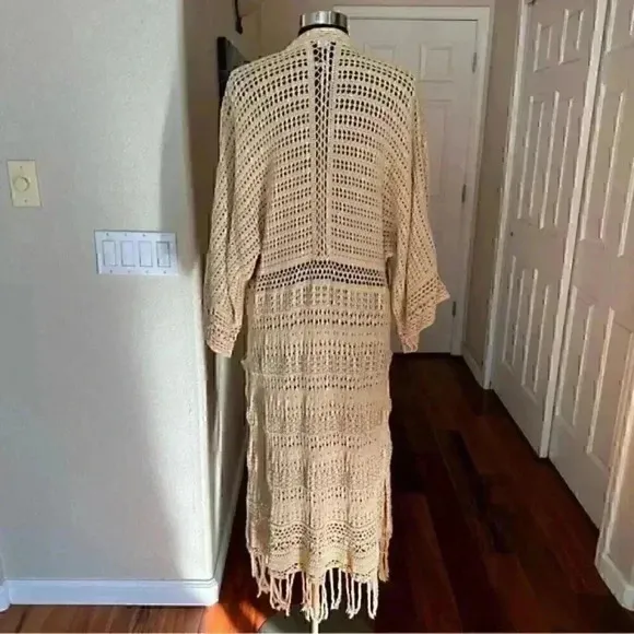 Beige Sundance Tassels Crochet Beach Boho Open Front Long Line Cardigan Sweater