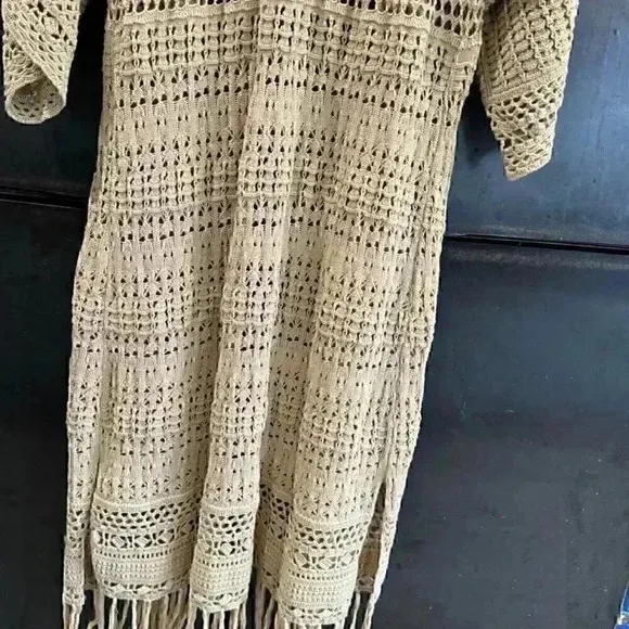 Beige Sundance Tassels Crochet Beach Boho Open Front Long Line Cardigan Sweater