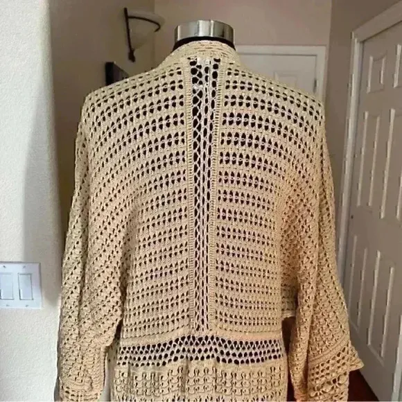 Beige Sundance Tassels Crochet Beach Boho Open Front Long Line Cardigan Sweater