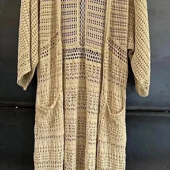 Beige Sundance Tassels Crochet Beach Boho Open Front Long Line Cardigan Sweater