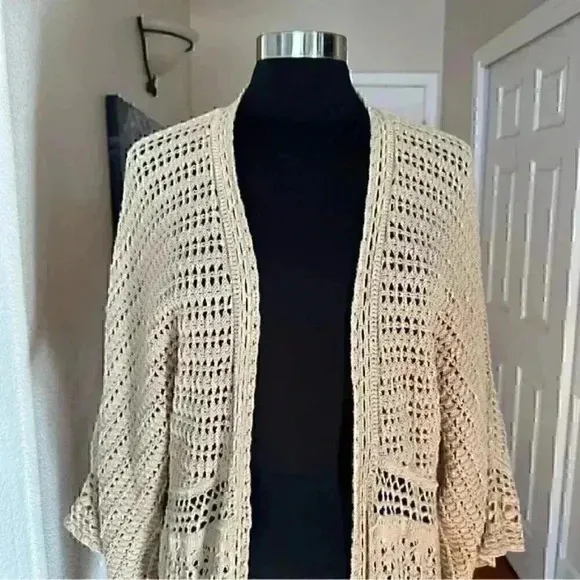 Beige Sundance Tassels Crochet Beach Boho Open Front Long Line Cardigan Sweater