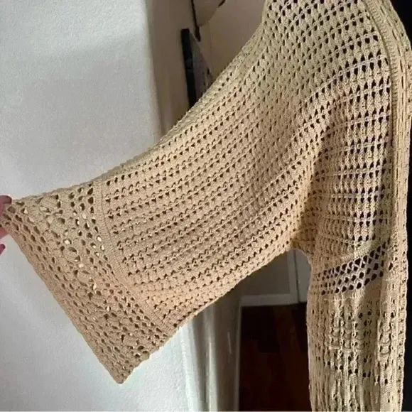 Beige Sundance Tassels Crochet Beach Boho Open Front Long Line Cardigan Sweater