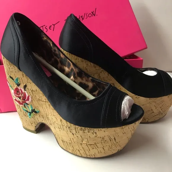 Betsey Johnson platform wedges heels satin rose sexy Lolita rockabilly dollbaby