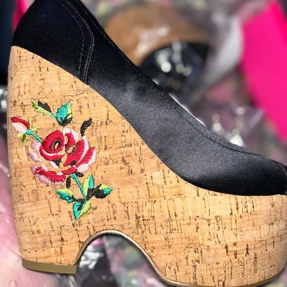 Betsey Johnson platform wedges heels satin rose sexy Lolita rockabilly dollbaby