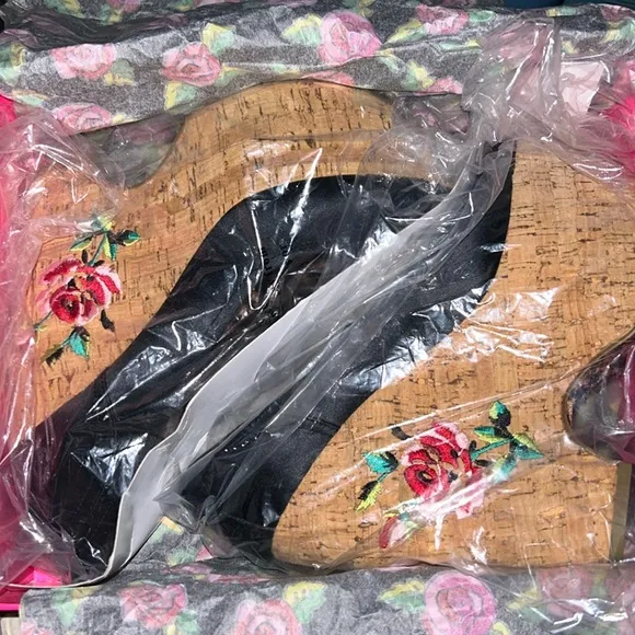 Betsey Johnson platform wedges heels satin rose sexy Lolita rockabilly dollbaby