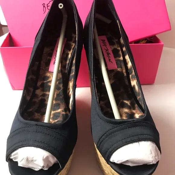 Betsey Johnson platform wedges heels satin rose sexy Lolita rockabilly dollbaby