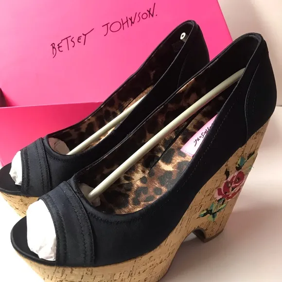 Betsey Johnson platform wedges heels satin rose sexy Lolita rockabilly dollbaby