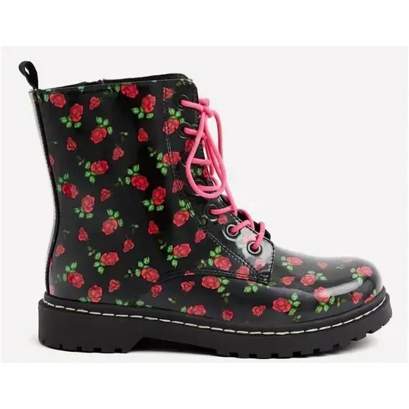 Betsey Johnson X Torrid Patent Pleather Pink Rose &amp; Black Combat Boots Size 8W