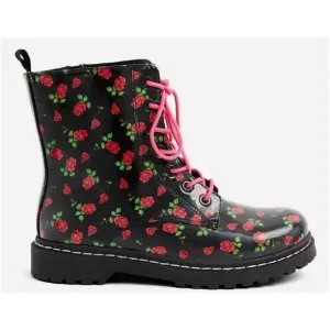 Betsey Johnson X Torrid Patent Pleather Pink Rose &amp; Black Combat Boots Size 8W