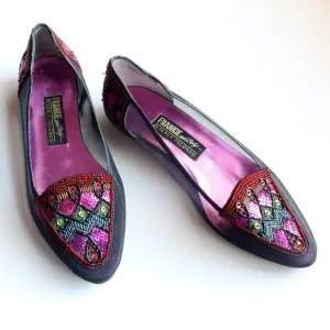 Beverly Feldman Black Mesh w Sequin &amp; Beads Embellished Pointy Toe Slip On Flats
