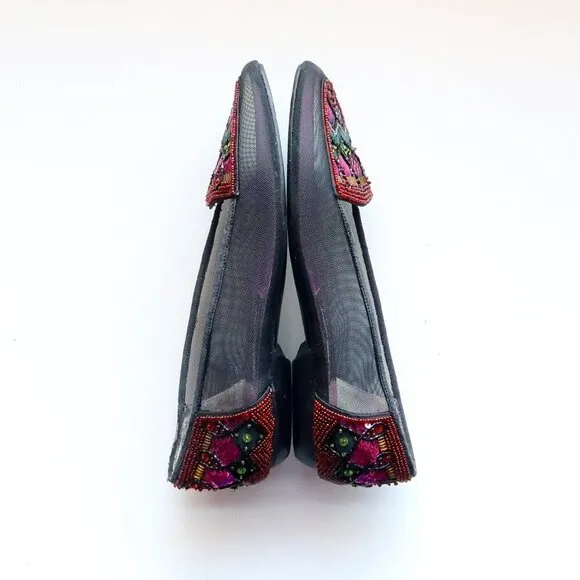 Beverly Feldman Black Mesh w Sequin &amp; Beads Embellished Pointy Toe Slip On Flats