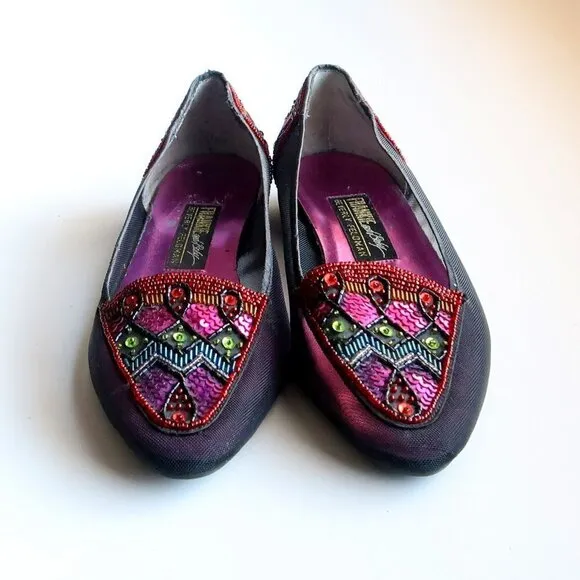 Beverly Feldman Black Mesh w Sequin &amp; Beads Embellished Pointy Toe Slip On Flats