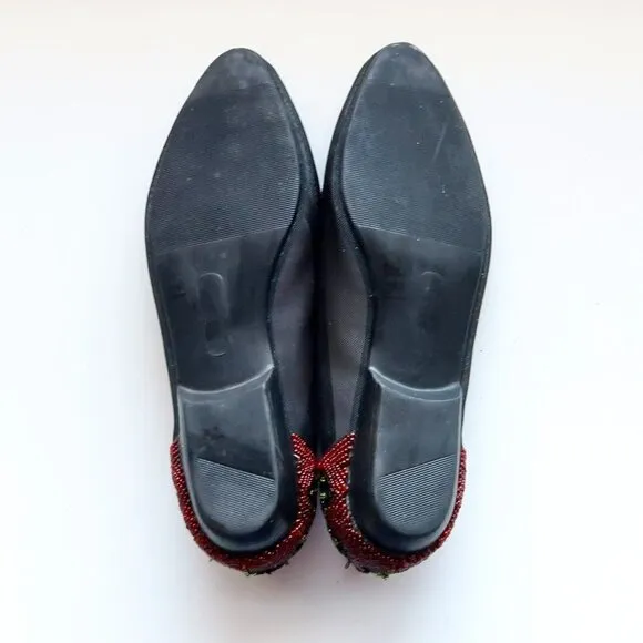 Beverly Feldman Black Mesh w Sequin &amp; Beads Embellished Pointy Toe Slip On Flats