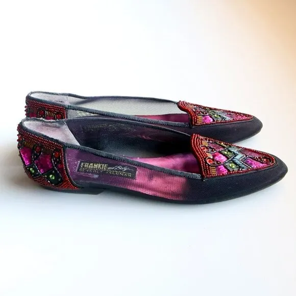 Beverly Feldman Black Mesh w Sequin &amp; Beads Embellished Pointy Toe Slip On Flats