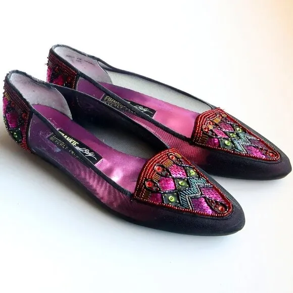 Beverly Feldman Black Mesh w Sequin &amp; Beads Embellished Pointy Toe Slip On Flats