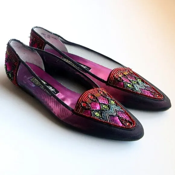 Beverly Feldman Black Mesh w Sequin &amp; Beads Embellished Pointy Toe Slip On Flats