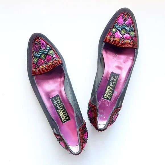 Beverly Feldman Black Mesh w Sequin &amp; Beads Embellished Pointy Toe Slip On Flats