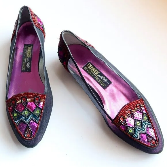 Beverly Feldman Black Mesh w Sequin &amp; Beads Embellished Pointy Toe Slip On Flats