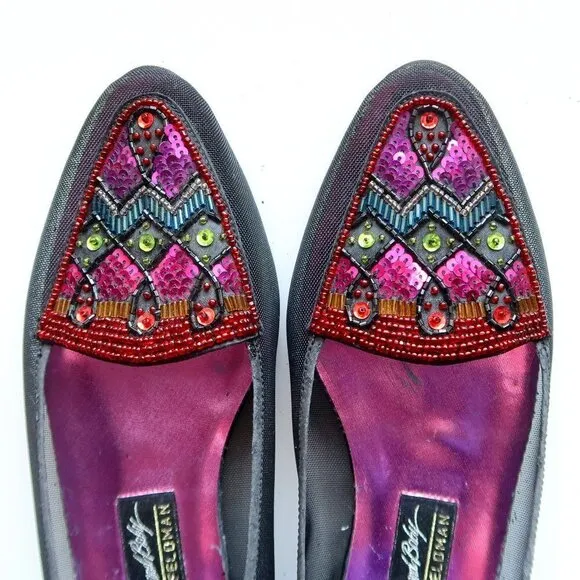 Beverly Feldman Black Mesh w Sequin &amp; Beads Embellished Pointy Toe Slip On Flats