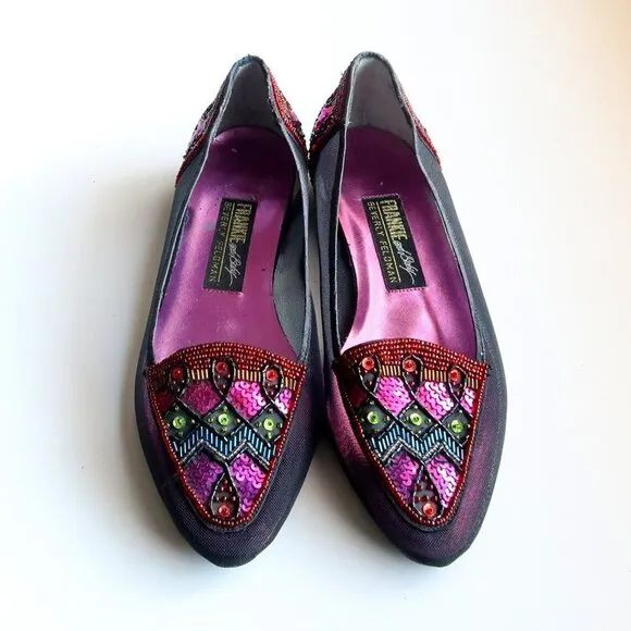 Beverly Feldman Black Mesh w Sequin &amp; Beads Embellished Pointy Toe Slip On Flats
