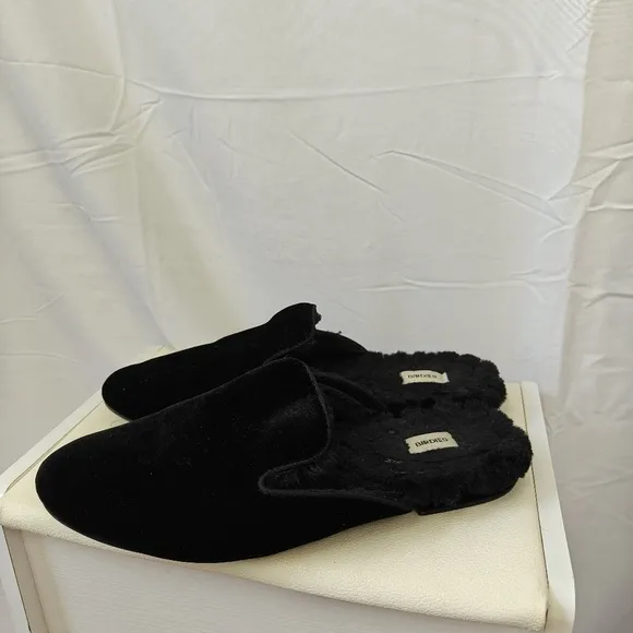 Birdies The Phoebe Black Velvet Faux Fur Lining Slip On Mule Flats Size 9