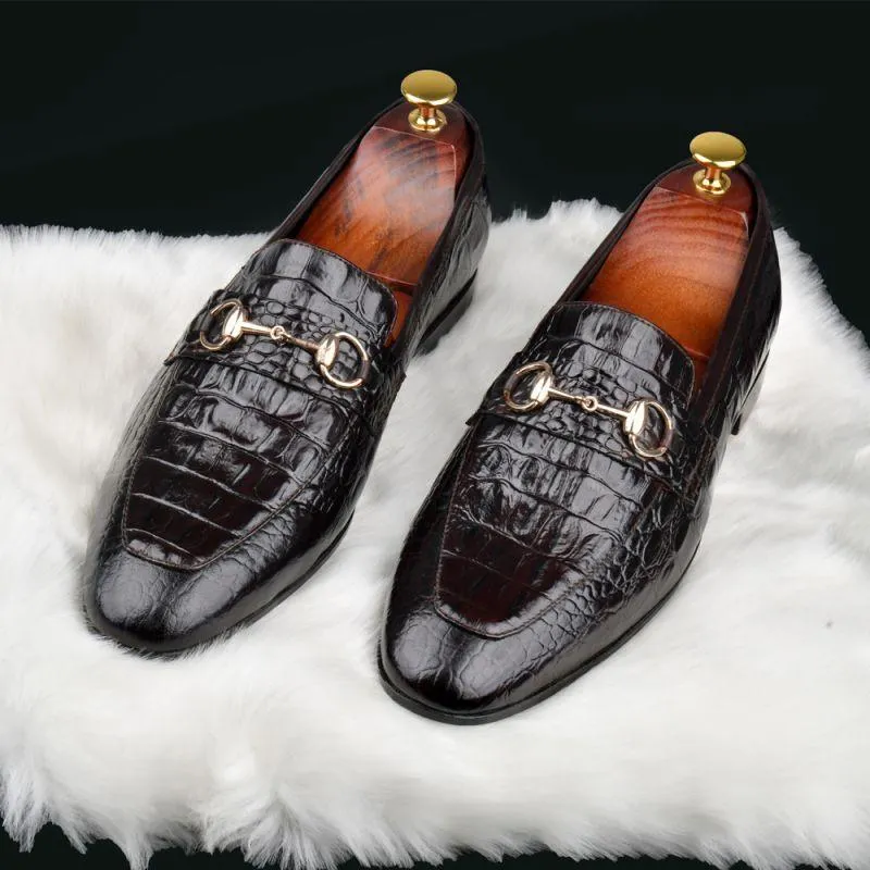 Black Alligator Texture Leather Moccasin Shoes for Men