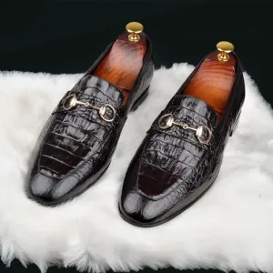 Black Alligator Texture Leather Moccasin Shoes for Men