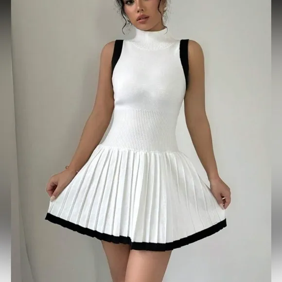 Black &amp; white contrast knit pleated stretchy casual sporty tennis mini dress