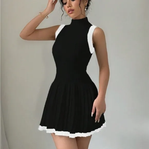 Black &amp; white contrast knit pleated stretchy casual sporty tennis mini dress