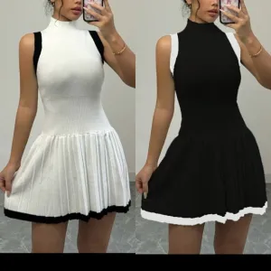 Black &amp; white contrast knit pleated stretchy casual sporty tennis mini dress
