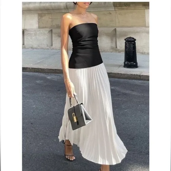 Black &amp; white strapless midi / maxi contrast dress - premium thick material