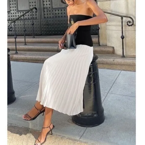 Black &amp; white strapless midi / maxi contrast dress - premium thick material