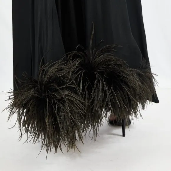 Black Classic Vintage Boat Neck Drape Cape Elegant Formal ostrich feather Dress