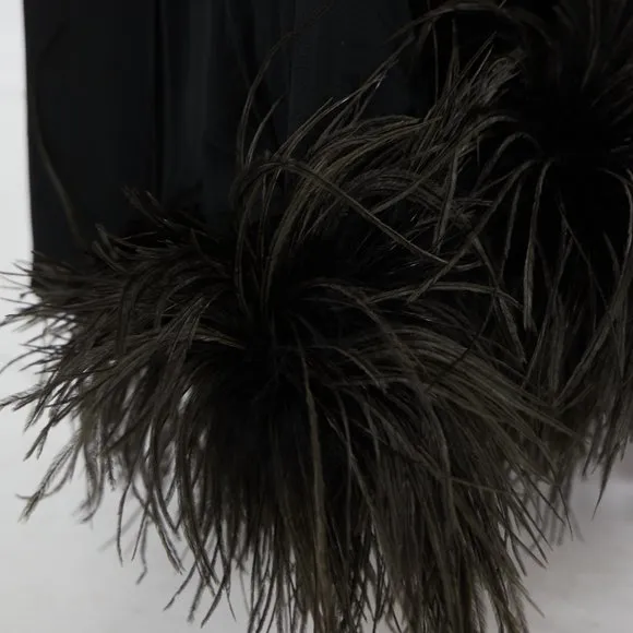 Black Classic Vintage Boat Neck Drape Cape Elegant Formal ostrich feather Dress