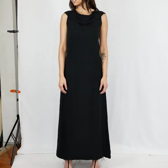 Black Classic Vintage Boat Neck Drape Cape Elegant Formal ostrich feather Dress