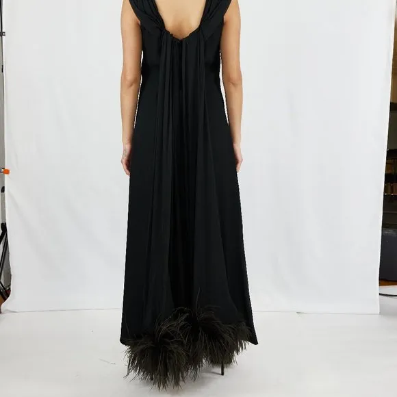 Black Classic Vintage Boat Neck Drape Cape Elegant Formal ostrich feather Dress