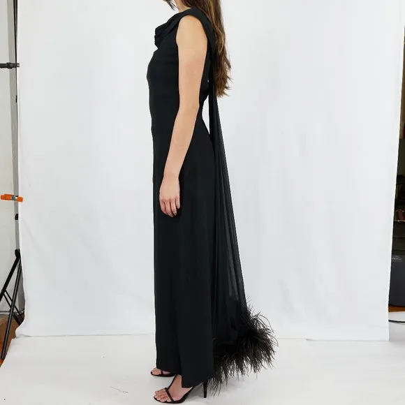 Black Classic Vintage Boat Neck Drape Cape Elegant Formal ostrich feather Dress