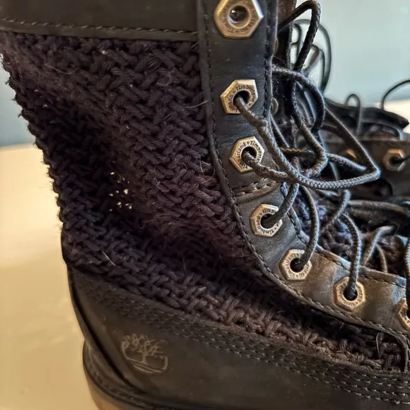 Black crochet mesh Timberland combat boots Size 6.5 anti fatigue unique